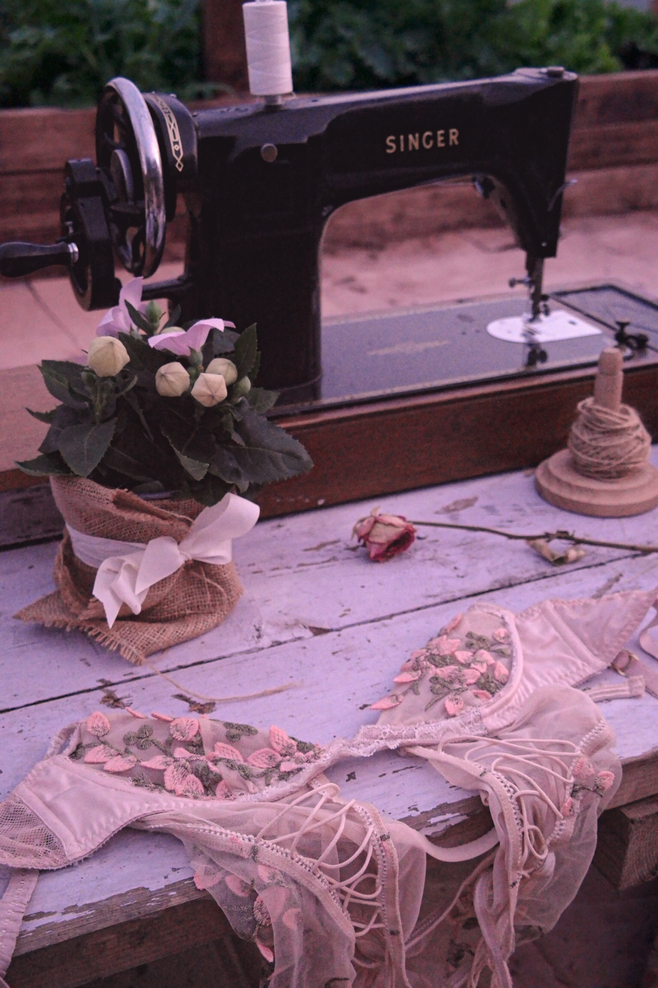Lace laid across the worktable