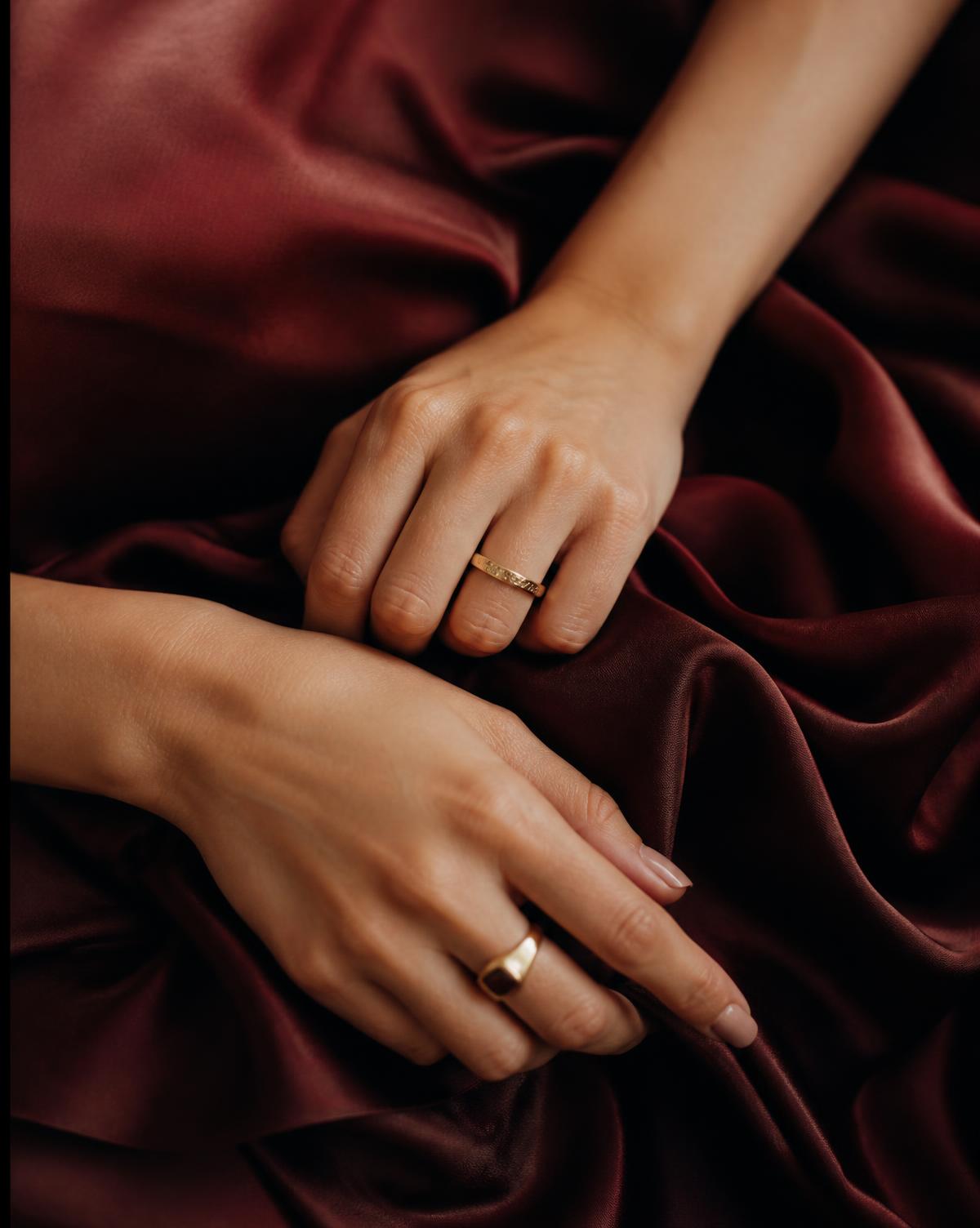 Hands resting on flowing wine silk