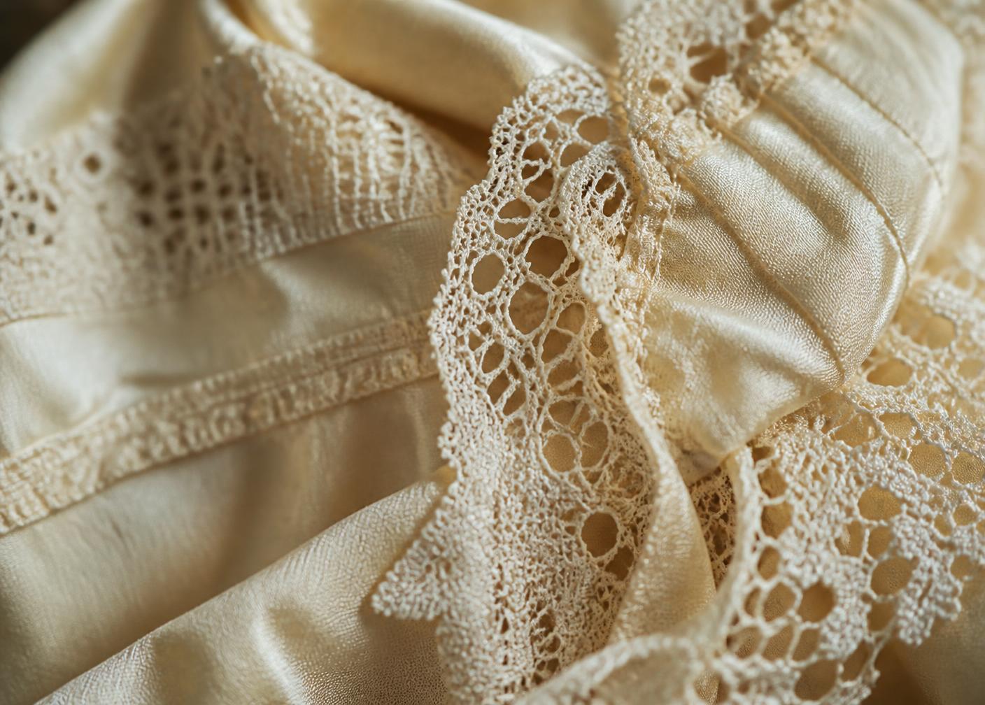 Close detail of antique ivory lace against silk