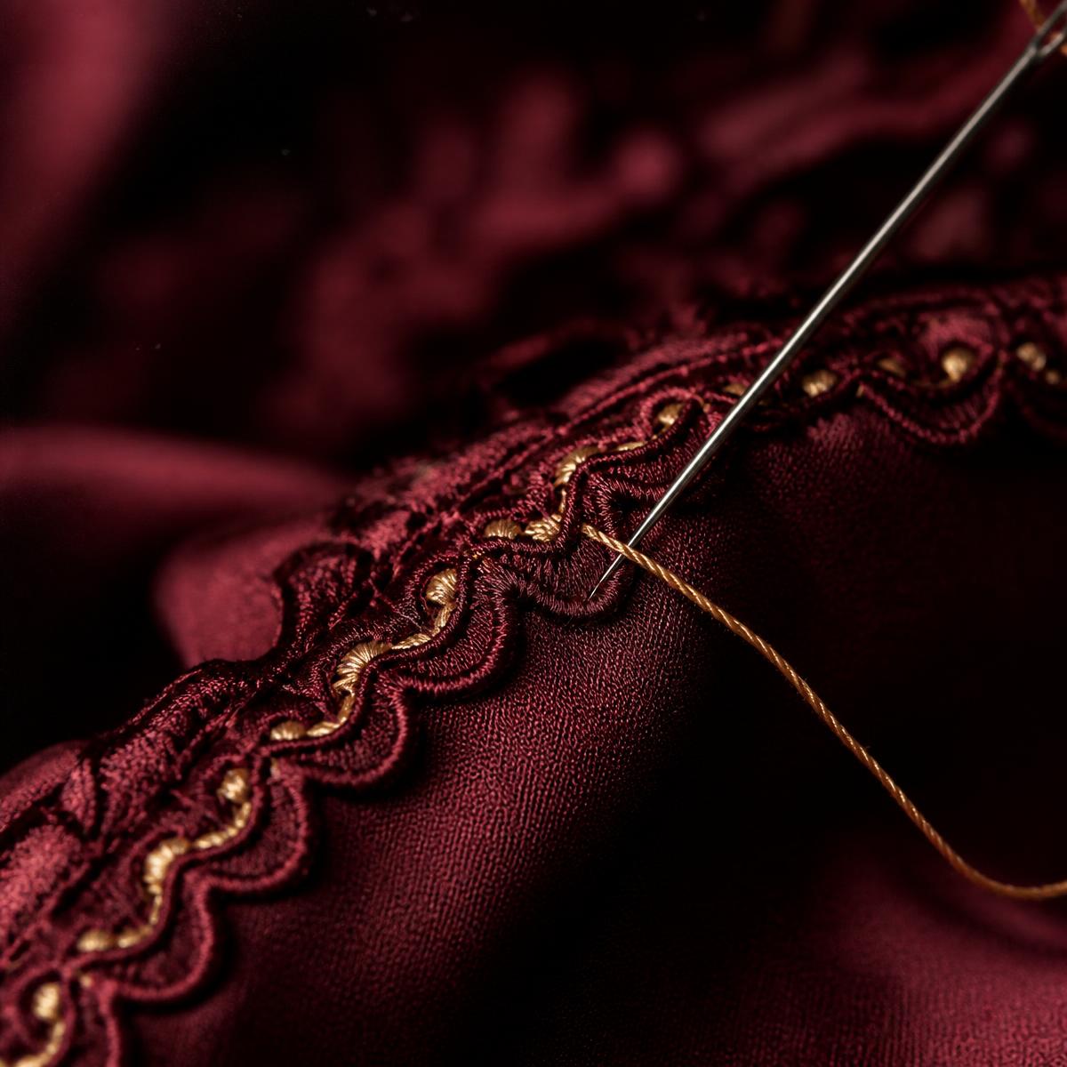 Macro detail of hand stitching on wine silk with gold thread