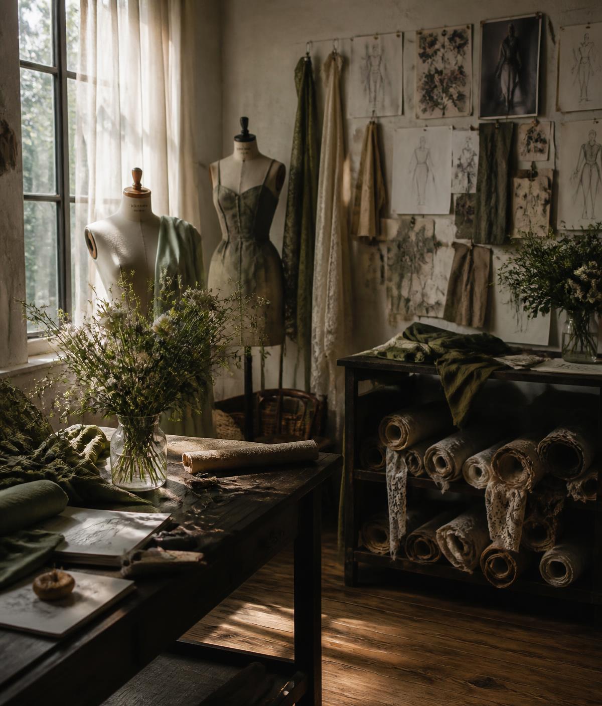Textile studio with dress forms, rolls of lace and wildflowers